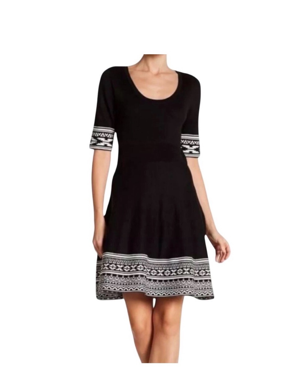 Nina Leonard Black Dress with White Patterned Trim